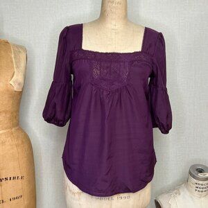 NWT Deadstock 2000s Silk Blend Tie Back Purple Babydoll Lace Blouse